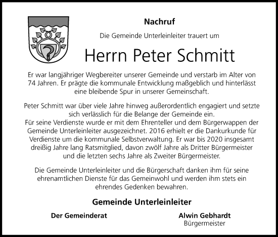 Anzeige von Peter Schmitt von MGO