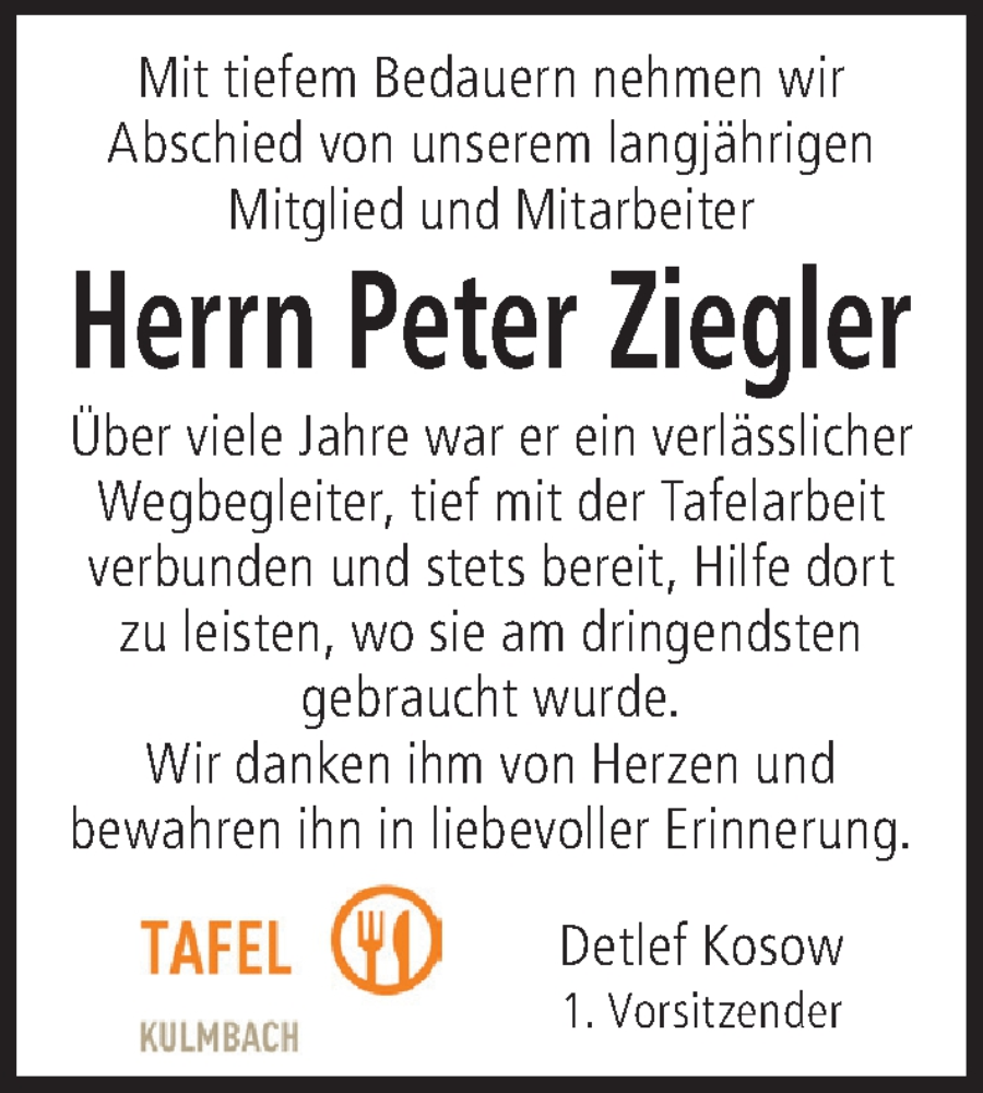 Traueranzeige für Peter Ziegler vom 09.08.2025 aus MGO