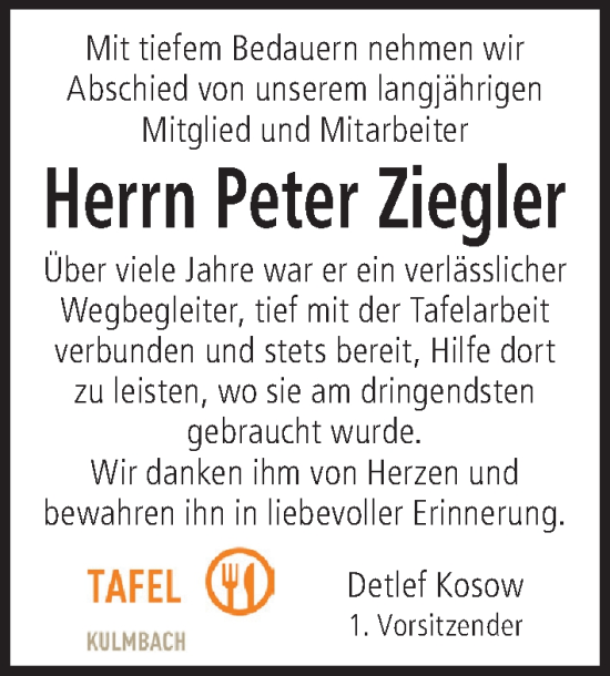 Anzeige von Peter Ziegler von MGO