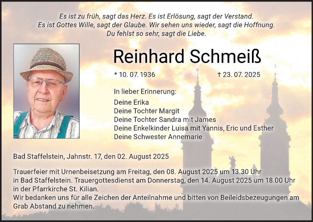  Traueranzeige für Reinhard Schmeiß vom 02.08.2025 aus MGO
