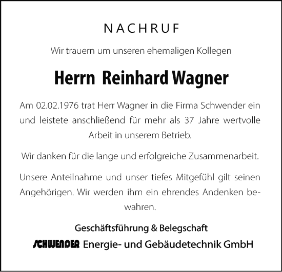 Anzeige von Reinhard Wagner von MGO