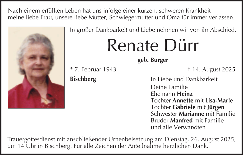  Traueranzeige für Renate Dürr vom 23.08.2025 aus MGO