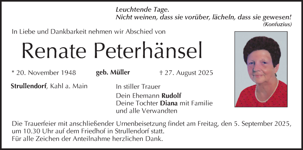  Traueranzeige für Renate Peterhänsel vom 30.08.2025 aus MGO