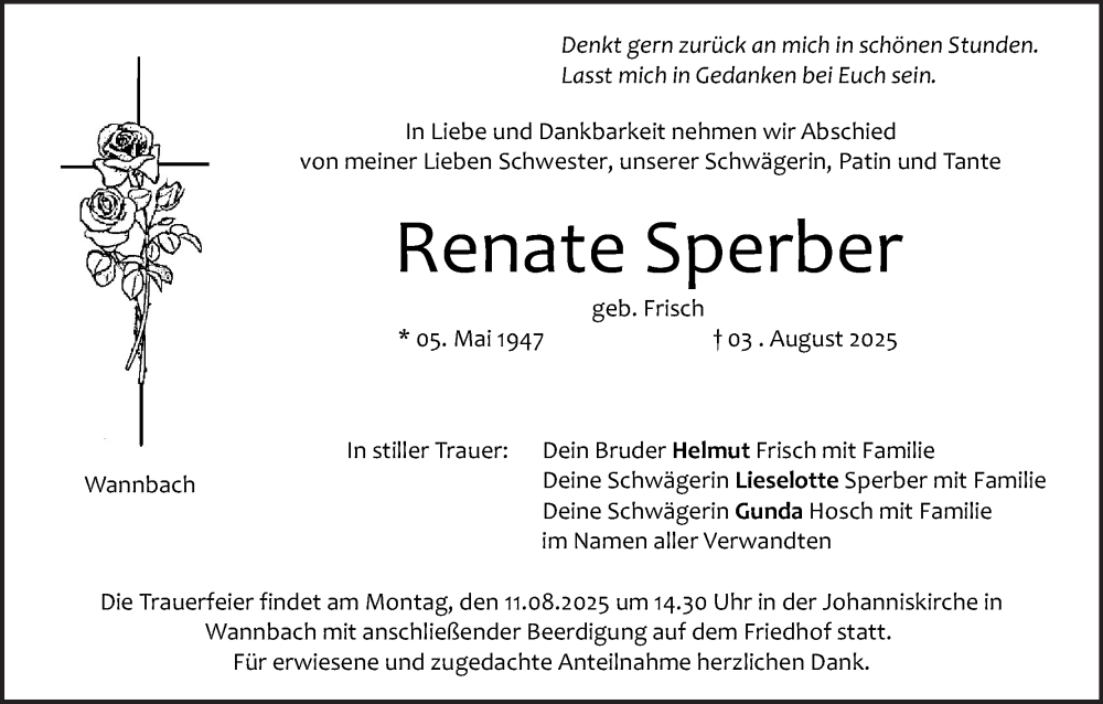  Traueranzeige für Renate Sperber vom 09.08.2025 aus MGO