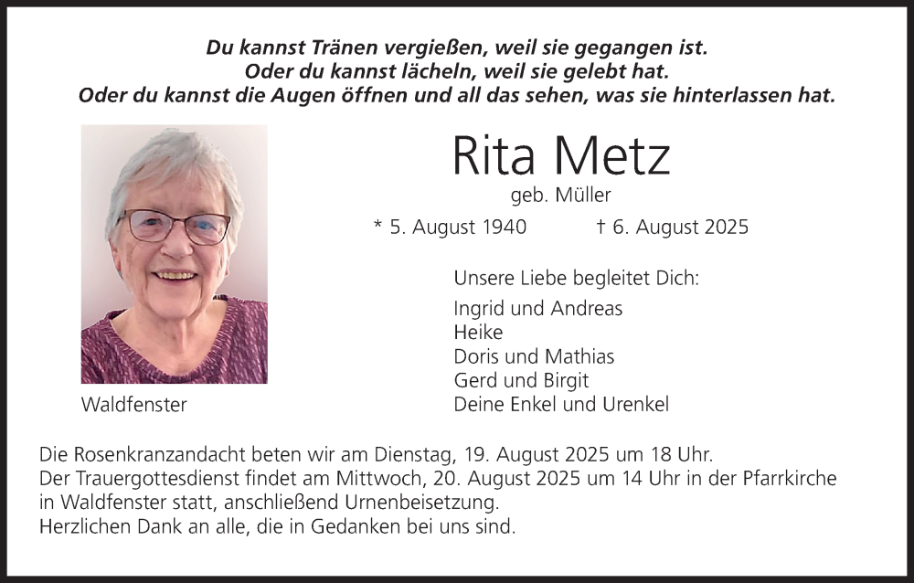  Traueranzeige für Rita Metz vom 16.08.2025 aus MGO