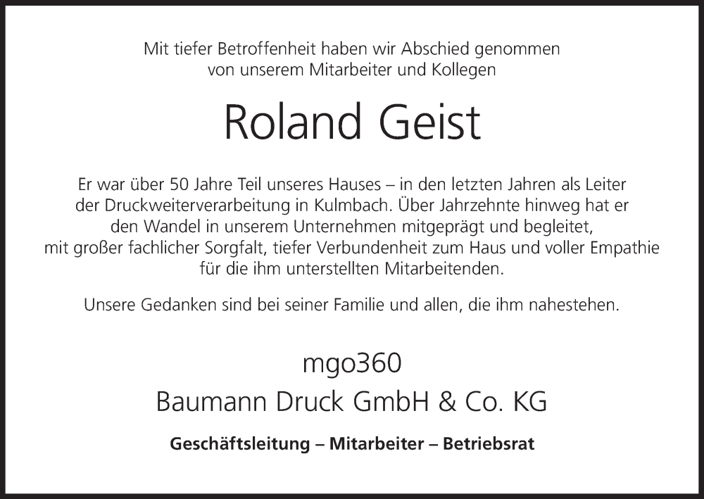  Traueranzeige für Roland Geist vom 23.08.2025 aus MGO