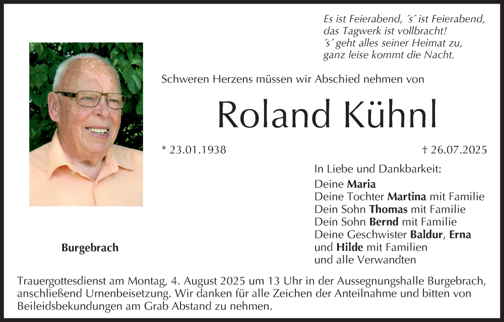  Traueranzeige für Roland Kühnl vom 02.08.2025 aus MGO