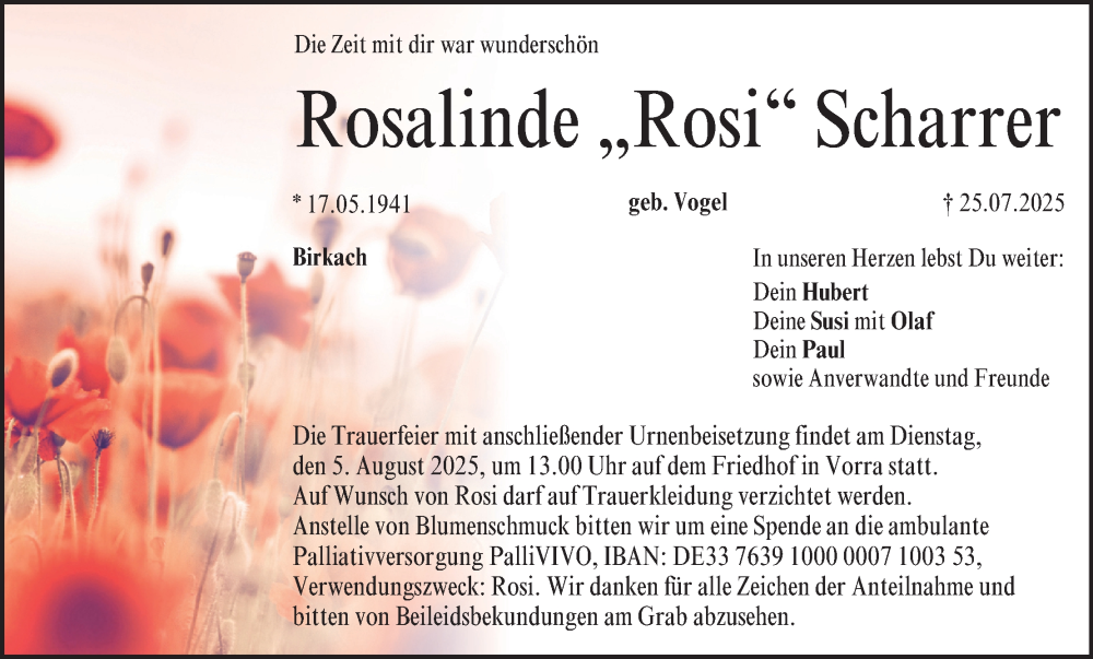  Traueranzeige für Rosalinde Scharrer vom 02.08.2025 aus MGO