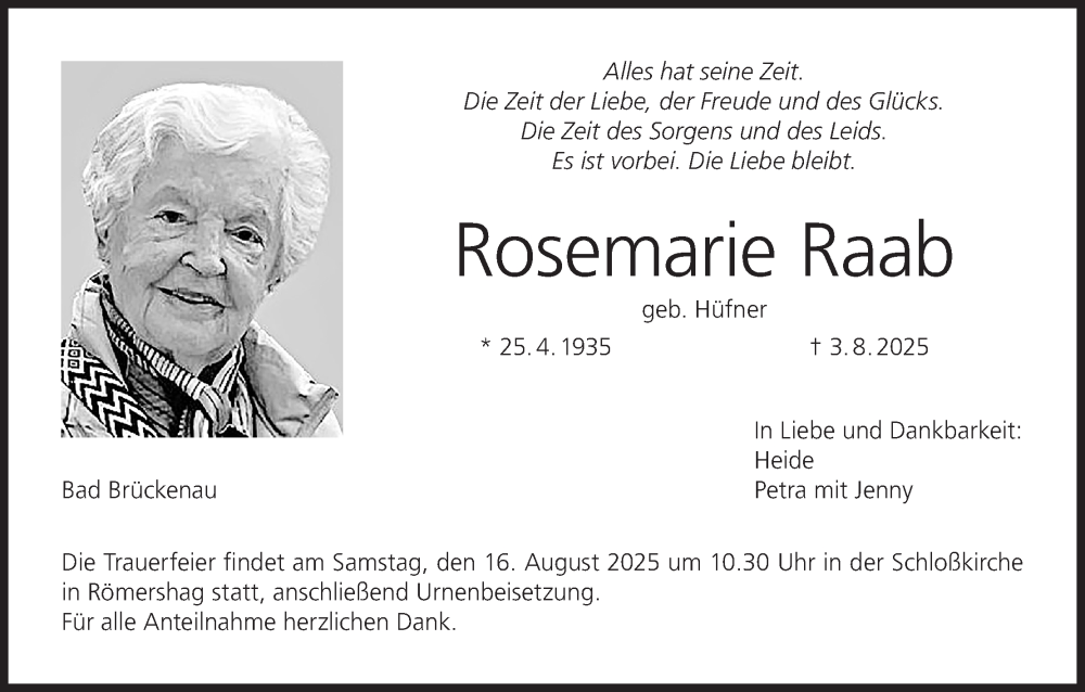  Traueranzeige für Rosemarie Raab vom 09.08.2025 aus MGO