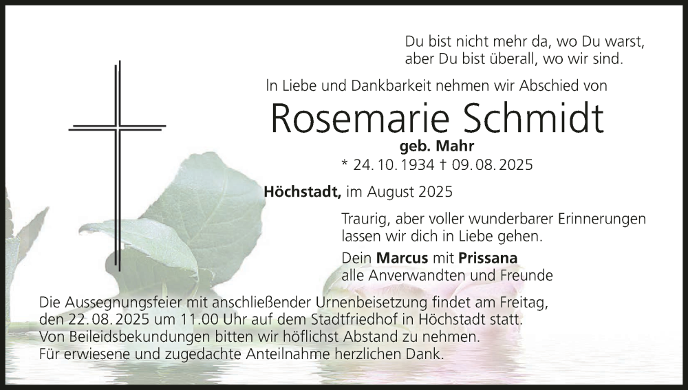  Traueranzeige für Rosemarie Schmidt vom 20.08.2025 aus MGO