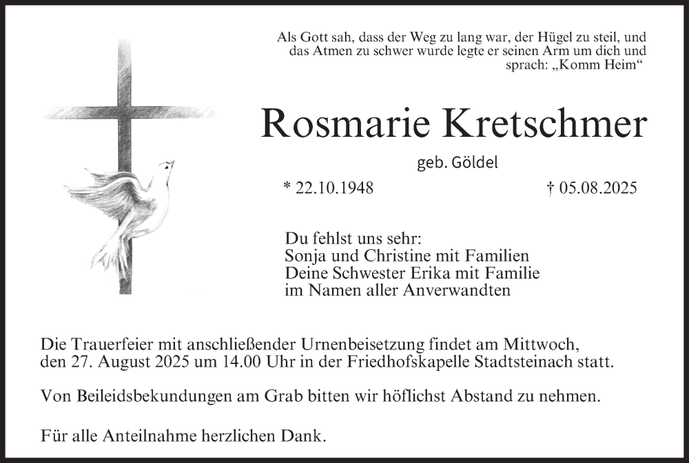  Traueranzeige für Rosmarie Kretschmer vom 23.08.2025 aus MGO