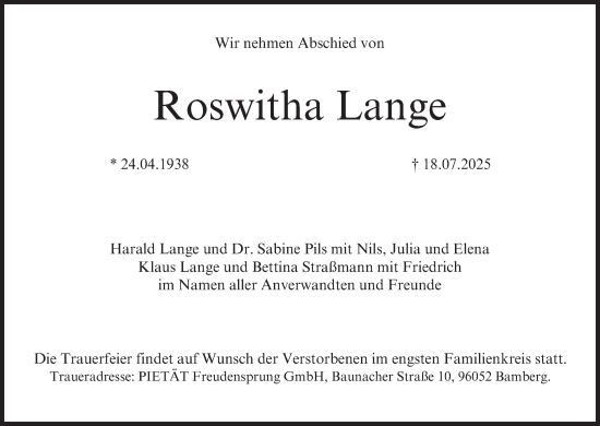 Anzeige von Roswitha Lange von MGO