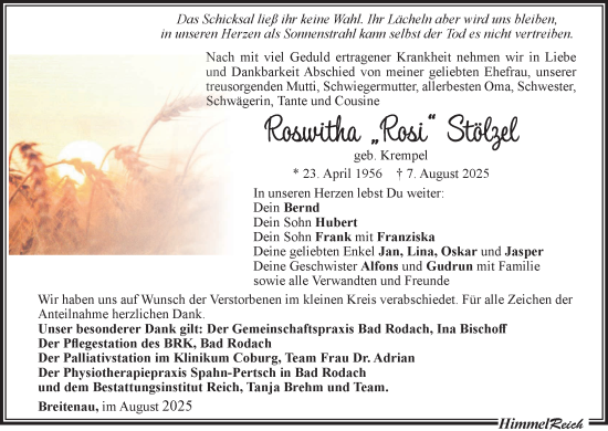 Anzeige von Roswitha „Rosi“ Stölzel von MGO