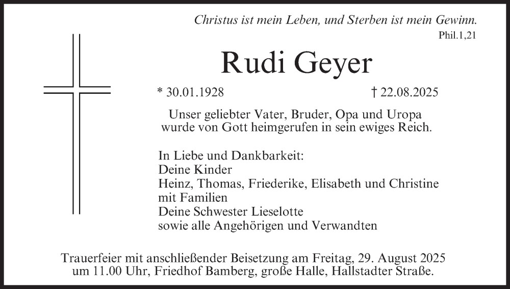  Traueranzeige für Rudi Geyer vom 27.08.2025 aus MGO