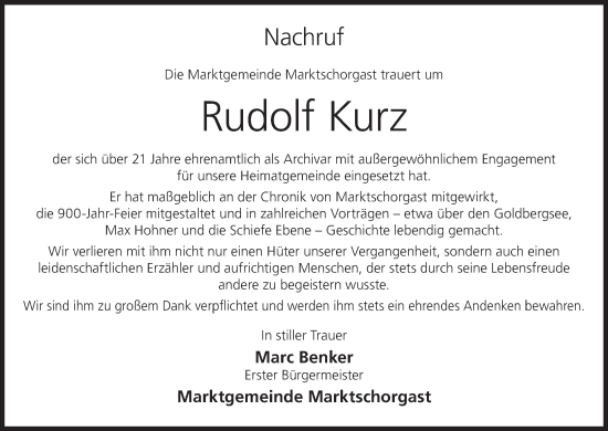 Anzeige von Rudolf Kurz von MGO