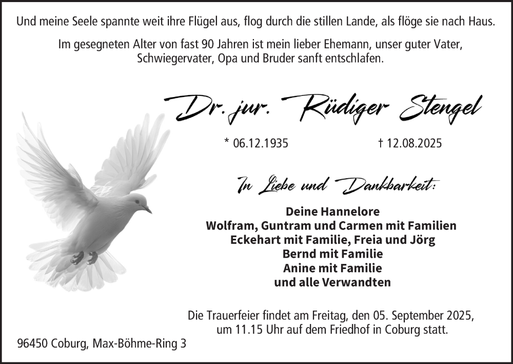  Traueranzeige für Rüdiger Stengel vom 30.08.2025 aus MGO