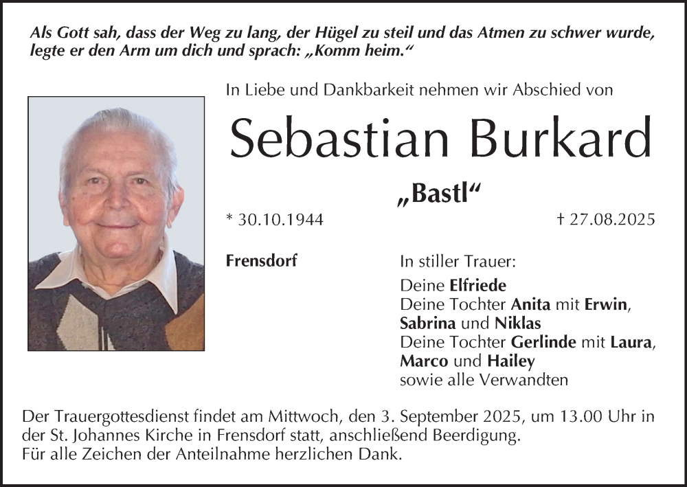  Traueranzeige für Sebastian Burkard vom 30.08.2025 aus MGO