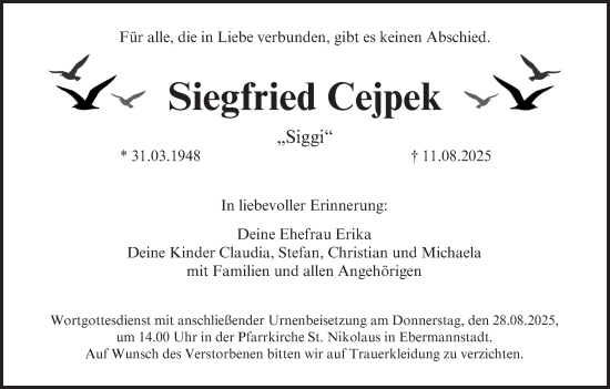 Anzeige von Siegfried Cejpek von MGO