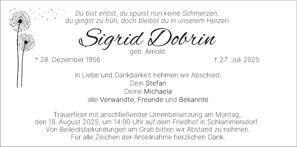  Traueranzeige für Sigrid Dobrin vom 13.08.2025 aus MGO