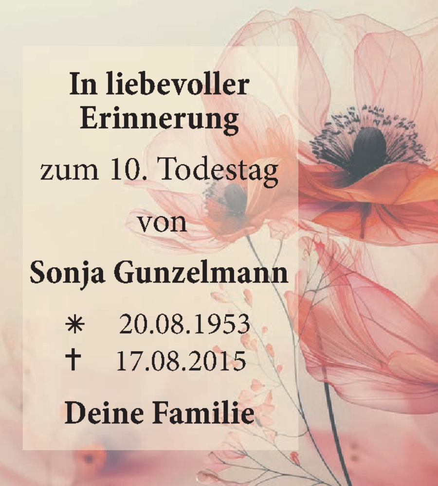  Traueranzeige für Sonja Gunzelmann vom 16.08.2025 aus MGO