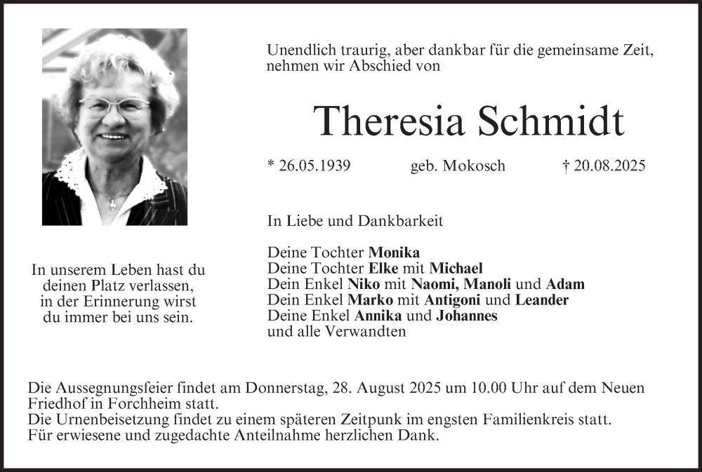  Traueranzeige für Theresia Schmidt vom 23.08.2025 aus MGO