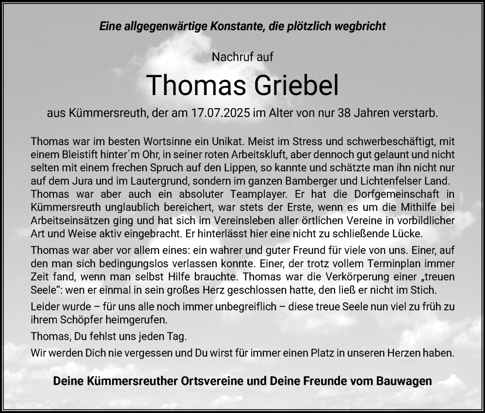  Traueranzeige für Thomas Griebel vom 09.08.2025 aus MGO