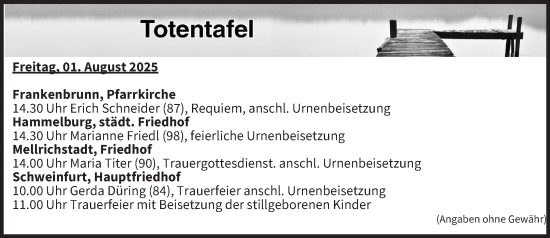 Anzeige von Totentafel vom 01.08.2025 von MGO