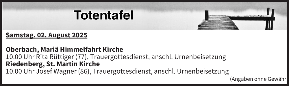  Traueranzeige für Totentafel vom 02.08.2025 vom 02.08.2025 aus MGO