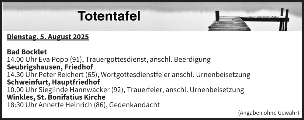  Traueranzeige für Totentafel vom 05.08.2025 vom 05.08.2025 aus MGO