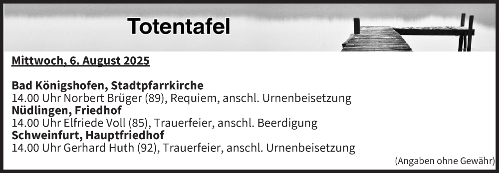  Traueranzeige für Totentafel vom 06.08.2025 vom 06.08.2025 aus MGO