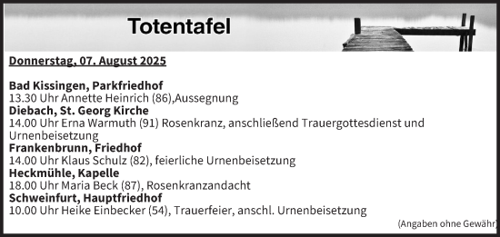 Anzeige von Totentafel vom 07.08.2025 von MGO