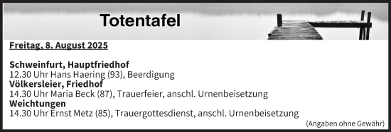 Anzeige von Totentafel vom 08.08.2025 von MGO