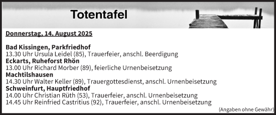 Anzeige von Totentafel vom 14.08.2025 von MGO