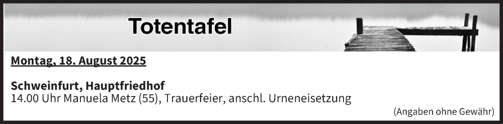  Traueranzeige für Totentafel vom 18.08.2025 vom 18.08.2025 aus MGO