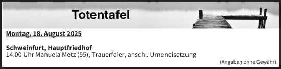 Anzeige von Totentafel vom 18.08.2025 von MGO