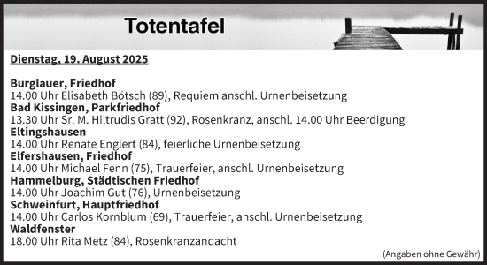 Anzeige von Totentafel vom 19.08.2025 von MGO