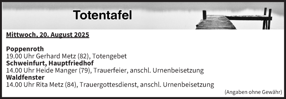  Traueranzeige für Totentafel vom 20.08.2025 vom 20.08.2025 aus MGO