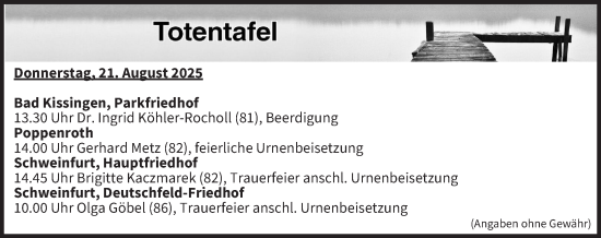Anzeige von Totentafel vom 21.08.2025 von MGO