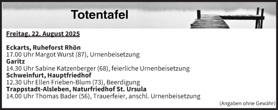Anzeige von Totentafel vom 22.08.2025 von MGO