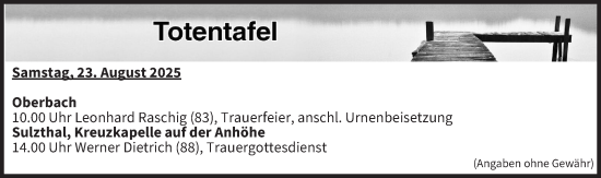 Anzeige von Totentafel vom 23.08.2025 von MGO