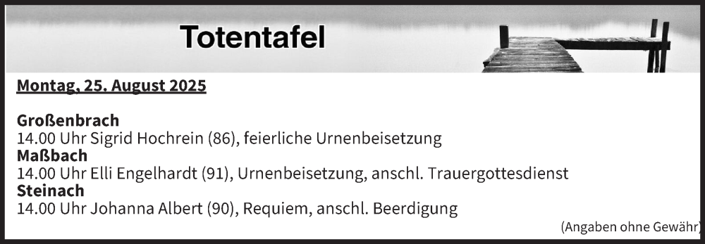  Traueranzeige für Totentafel vom 25.08.2025 vom 25.08.2025 aus MGO