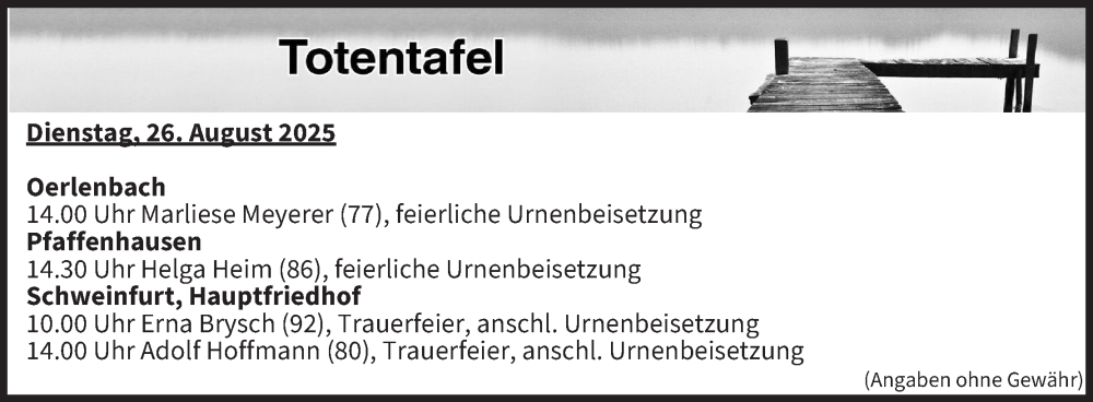  Traueranzeige für Totentafel vom 26.08.2025 vom 26.08.2025 aus MGO