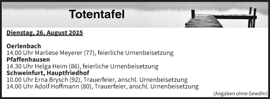 Anzeige von Totentafel vom 26.08.2025 von MGO