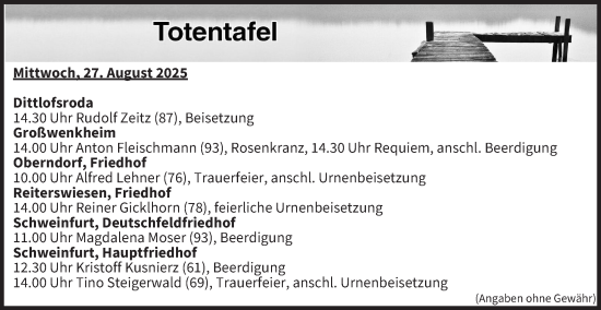 Anzeige von Totentafel vom 27.08.2025 von MGO