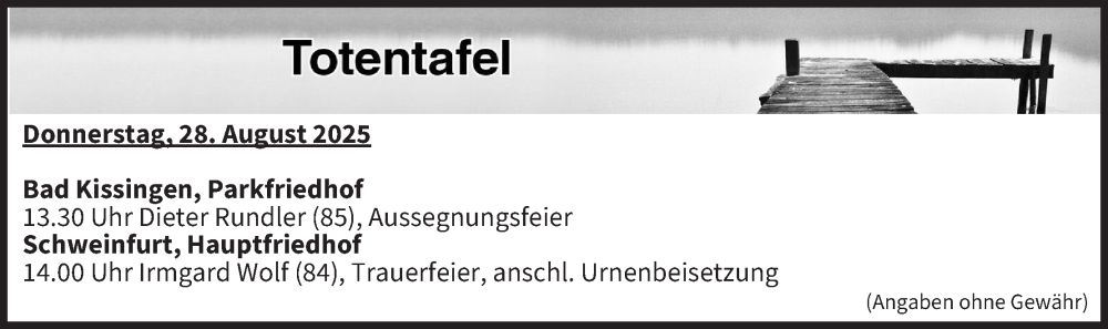  Traueranzeige für Totentafel vom 28.08.2025 vom 28.08.2025 aus MGO