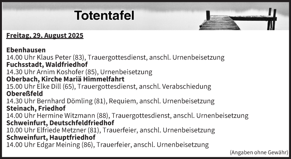 Traueranzeige für Totentafel vom 29.08.2025 vom 29.08.2025 aus MGO