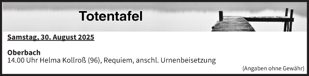  Traueranzeige für Totentafel vom 30.08.2025 vom 30.08.2025 aus MGO