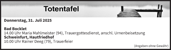 Anzeige von Totentafel vom 31.07.2025 von MGO