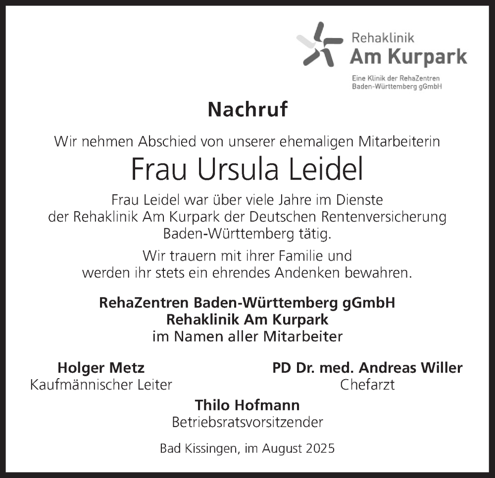  Traueranzeige für Ursula Leidel vom 16.08.2025 aus MGO