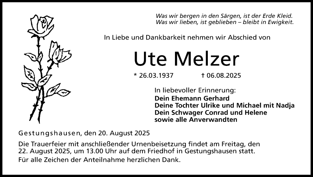  Traueranzeige für Ute Melzer vom 20.08.2025 aus MGO